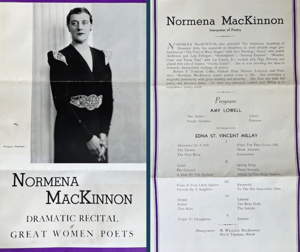 Program for Normena MacKinnon's "Dramatic Recital of Great Women Poets," featuring Amy Lowell and Edna St. Vincent Millay